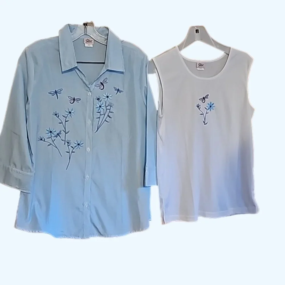 Adrian Dilafield 2 piece button down blouse with undershirt embroidered floral - Picture 4 of 12